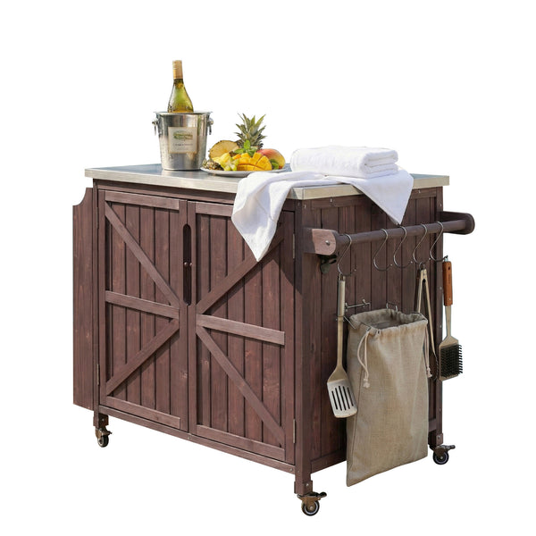 English Elm K&k Rolling Outdoor Kitchen Island Solid Fir Wood Stainless Steel Top Storage Cabinet Dark Brown N707P370287Z