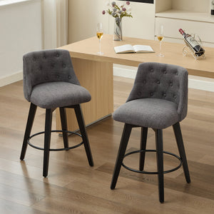 English Elm 007-360° Swivel Bar Stools Set of 2 25" Counter Height Linen Tufted Back Solid Wood Frame Durable Upholstery Dark Gray W2636P242117
