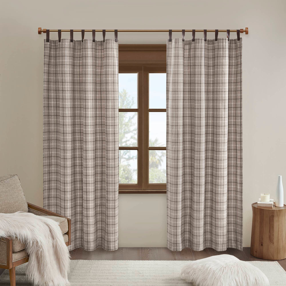 JLA Home Madison Park - Plaid Heavyweight Faux Leather Tab Top Curtain Panel with Fleece Lining for Cozy Insulated Rooms Brown MP40-6765