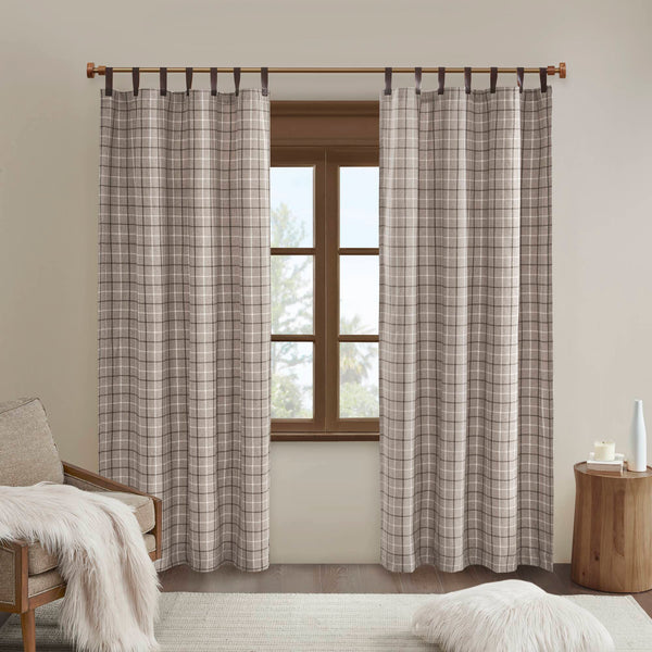JLA Home Madison Park - Plaid Heavyweight Faux Leather Tab Top Curtain Panel with Fleece Lining for Cozy Insulated Rooms Brown MP40-6765