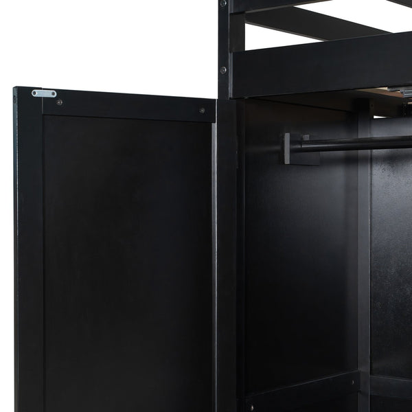 English Elm Full Size Wood Loft Bed with Wardrobe Desk Shelves Rgb Lighting and Blackout Curtains Black+Red LT000269AAJ-1