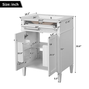English Elm 24" Bathroom Vanity with Ceramic Basin, French-Inspired Accent Carvings, Soft-Close Doors & Storage White N710P293309K