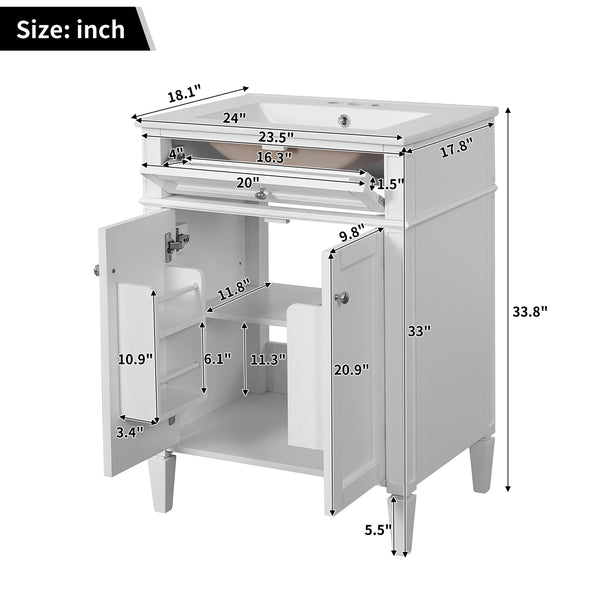 English Elm 24" Bathroom Vanity with Ceramic Basin, French-Inspired Accent Carvings, Soft-Close Doors & Storage White N710P293309K