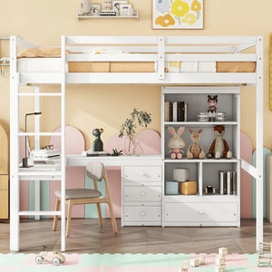 English Elm Full Size Loft Bed With Integrated Desk, Storage Shelves, Drawers & Safe Ladder - Stylish & Space-Saving W504S00161
