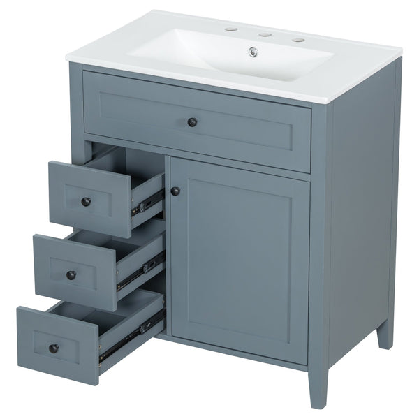 English Elm 30-Inch Contemporary Bathroom Vanity with Sink, MDF & Rubberwood, Glossy Finish, 3 Drawers + Cabinet Blue Gray N725P350819E