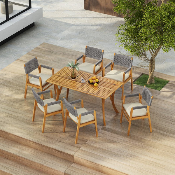 English Elm Christopher Knight Home® - Outdoor 7-Piece Rustic Acacia Wood Dining Set With Water-Resistant Cushions & Grey Rope Accents N773P210139G6_57488.00