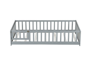 English Elm Twin Solid Rubberwood Floor Bed with Full Perimeter Safety Rails for Toddler Rooms Grey W504P296776