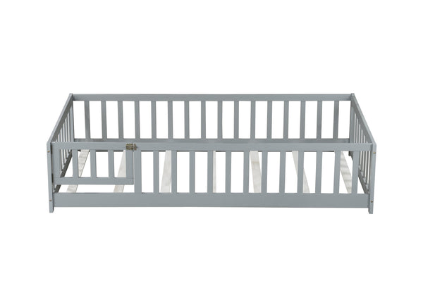 English Elm Twin Solid Rubberwood Floor Bed with Full Perimeter Safety Rails for Toddler Rooms Grey W504P296776