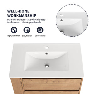 English Elm 30" Wall-Mount Bathroom Vanity With Ceramic Sink, Soft-Close Drawers & Configurable Side Shelf W999S00206