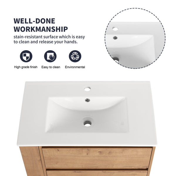 English Elm 30" Wall-Mount Bathroom Vanity With Ceramic Sink, Soft-Close Drawers & Configurable Side Shelf W999S00206