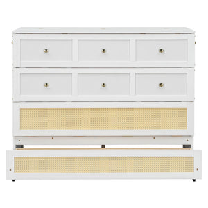 English Elm Full Size Murphy Wall Bed Cabinet with Rattan Panel Detailing and Storage Drawers White N708P336203K