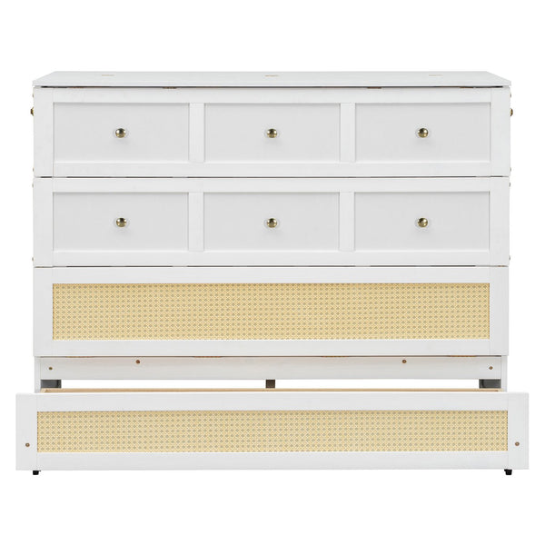 English Elm Full Size Murphy Wall Bed Cabinet with Rattan Panel Detailing and Storage Drawers White N708P336203K