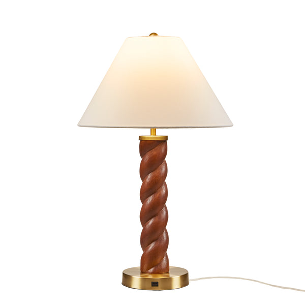 English Elm 1- Piece Faux Wood Resin Table Lamp Fluted Shade Usb-c Port for Bedroom Desk B035P482923