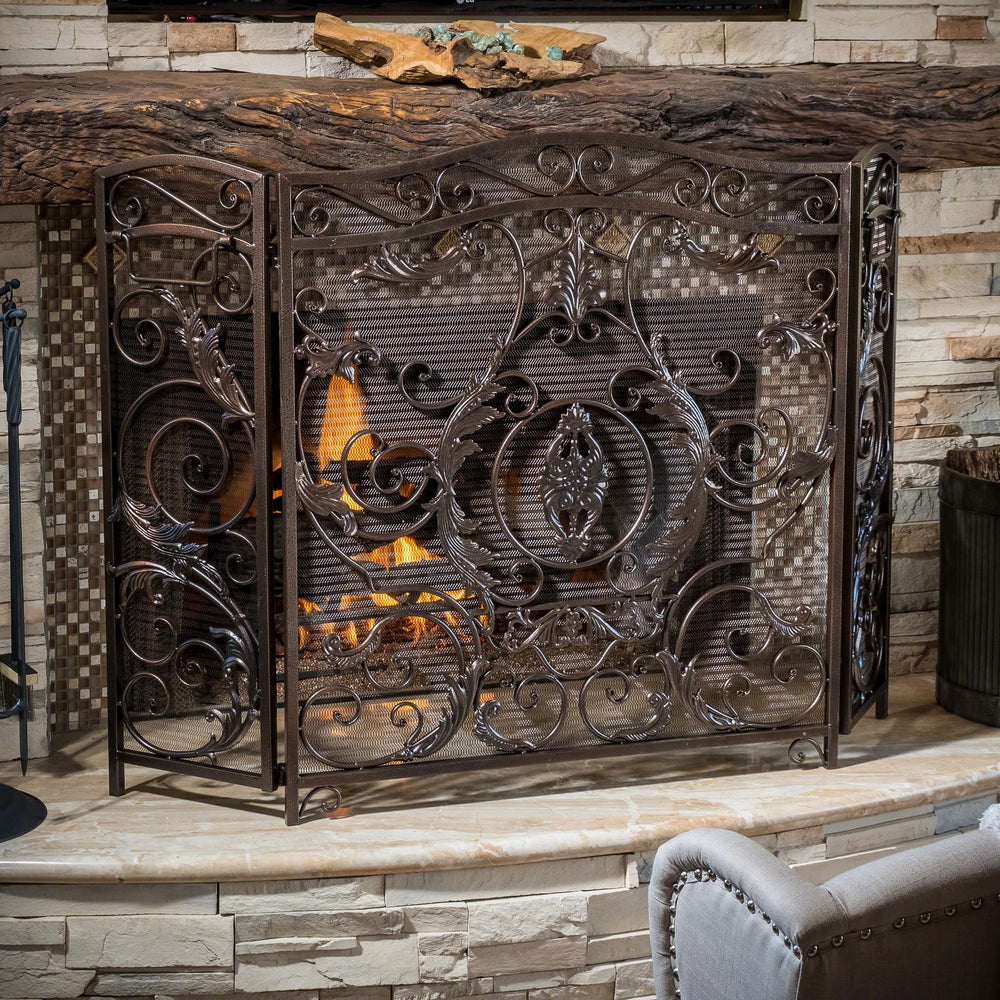 English Elm Waterbury Wrought Iron Fireplace Screen with Ornate Scrollwork and Camelback Silhouette 55341.00GLD