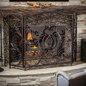 English Elm Waterbury Wrought Iron Fireplace Screen with Ornate Scrollwork and Camelback Silhouette 55341.00GLD