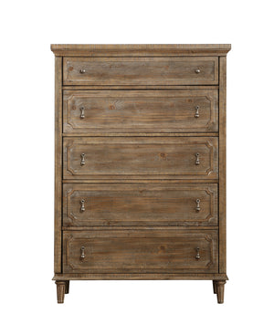 English Elm Wallace & Bay - Taupe Rustic 5-Drawer Chest in Sandstone Buff Finish — Spacious, Low-Maintenance Wood Storage, 60"H B361P384432