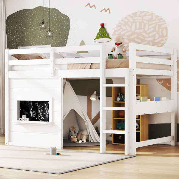 English Elm Twin Loft Bed House Frame with Sliding Chalkboard Built-in Bookshelf and Safety Rails White W1580S00319