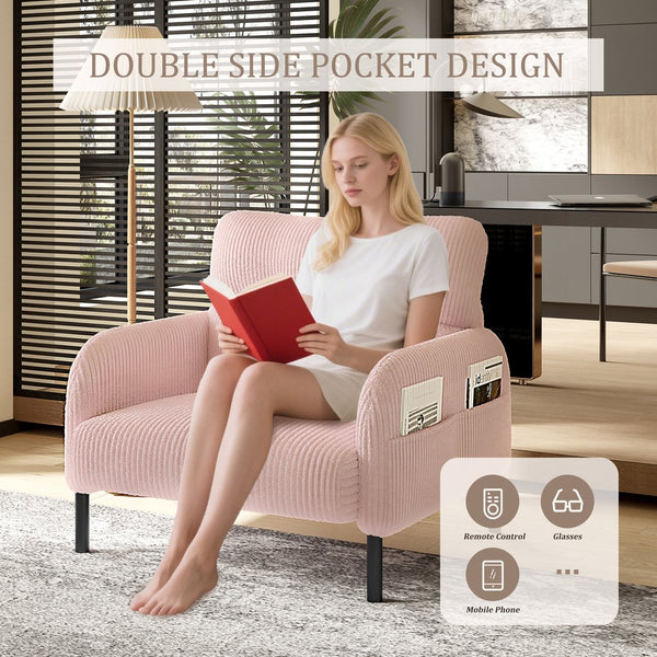 English Elm UNITED Corduroy Accent Chair with Ergonomic Curve, High-Density Foam Seat & Dual Side Pockets for Cozy Living Spaces Pink W1568P307258