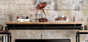 English Elm Industrial TV Console Bridge 68.9"W Metal Pipe Frame with Wood Shelf, Antique Black & Natural Finish, Spacious Storage B2741P362553