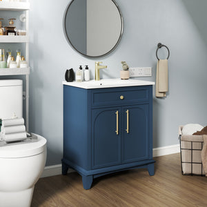 English Elm 27.8" Mid-century Freestanding Bathroom Vanity with Ceramic Sink Drawer and Wood Base Blue W1801S00005