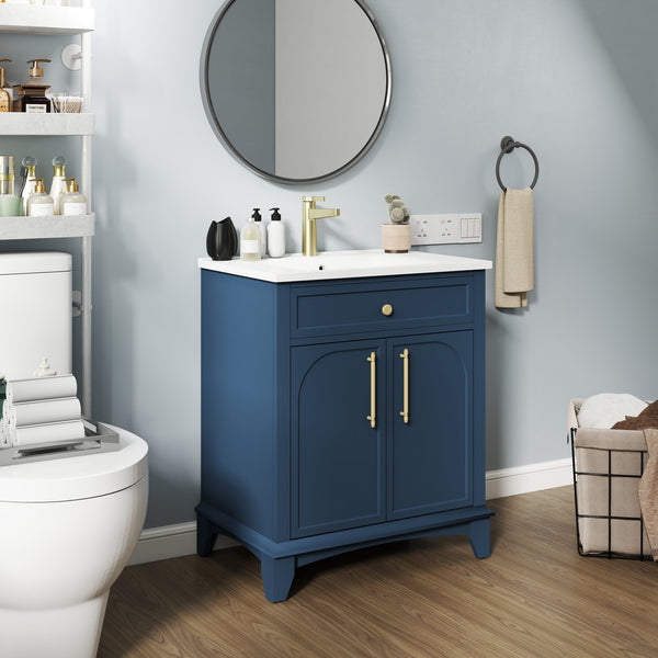 English Elm 27.8" Mid-century Freestanding Bathroom Vanity with Ceramic Sink Drawer and Wood Base Blue W1801S00005