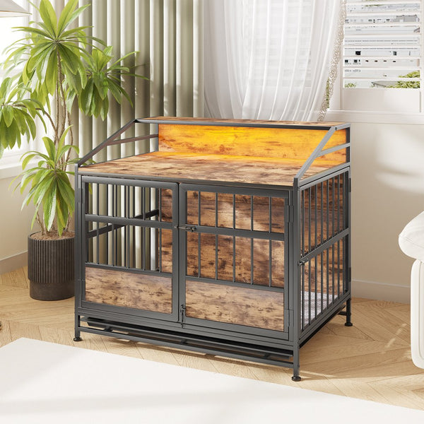 English Elm Multi-function Wooden Dog Crate with Rgb Led Storage Console for Large Breeds W840P291740