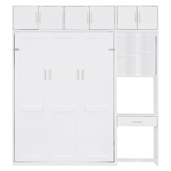 English Elm Full Size Murphy Wall Bed with Fold Away Desk Cabinet and Shelves for Small Spaces N708S00020K-1