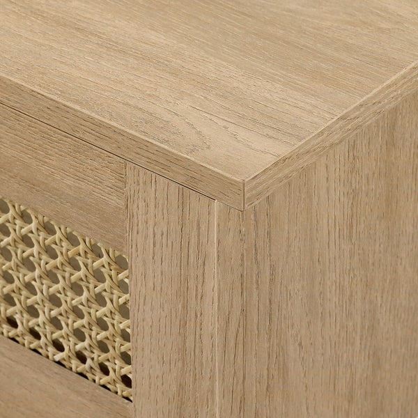 Hamkke Modern Boho 70" Floating TV Stand - Stylish Coastal Oak with Rattan Doors & Ample Storage