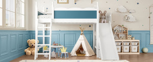 English Elm Twin Loft Bed Solid Pine Frame with Wardrobe Shelving Detachable Slide Kids Room White+Blue W5305S00019