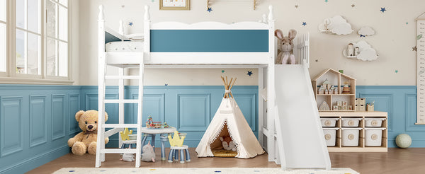 English Elm Twin Loft Bed Solid Pine Frame with Wardrobe Shelving Detachable Slide Kids Room White+Blue W5305S00019