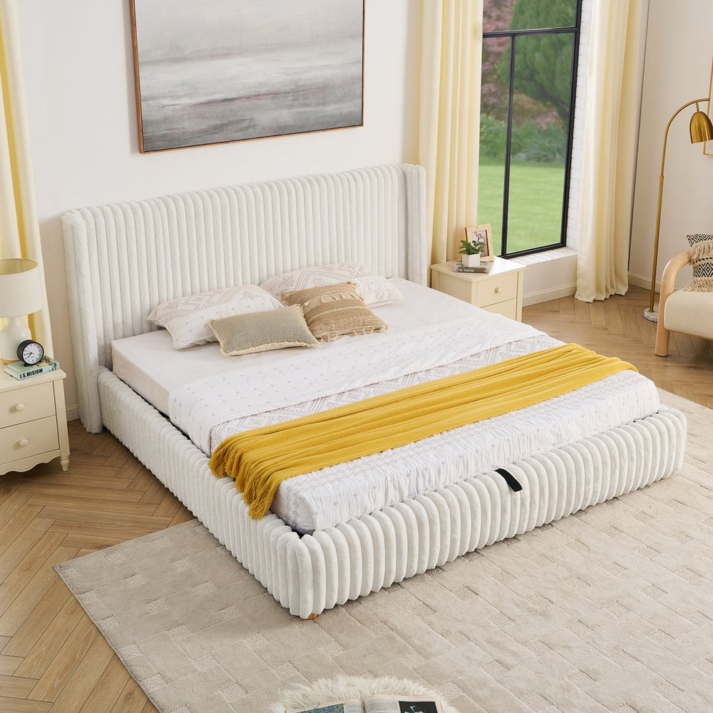 English Elm King Corduroy Upholstered Storage Bed Hydraulic Lift Ribbed Plush Cream Platform W1413S00182