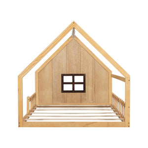 English Elm Full House Bed Frame with Window & Fence Playhouse Design, Sturdy Pine/MDF, Safe 400lb Capacity Natural N709P215545N