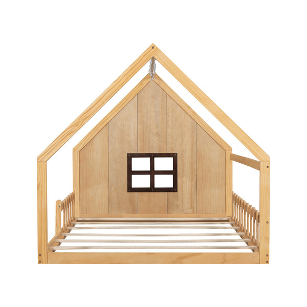 English Elm Full House Bed Frame with Window & Fence Playhouse Design, Sturdy Pine/MDF, Safe 400lb Capacity Natural N709P215545N