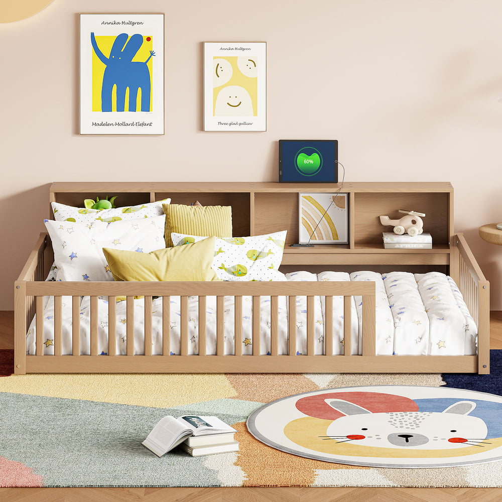 English Elm Wood Twin XL Floor Bed with Built-In Storage Cabinets, USB Charging Ports, Space-Saving Design Brown N709P205811D