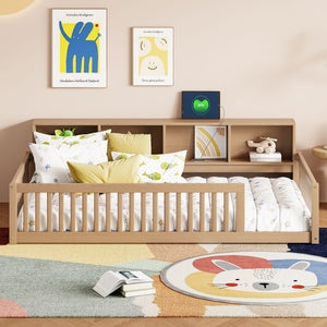 English Elm Wood Twin XL Floor Bed with Built-In Storage Cabinets, USB Charging Ports, Space-Saving Design Brown N709P205811D