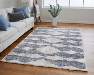 Feizy Rugs Mynka High-pile Geometric Area Rug - Pet-friendly, Stain Resistant, Stylish For High Traffic Spaces Tan,Ivory,Blue Polyester Myn39iffgrymltp00