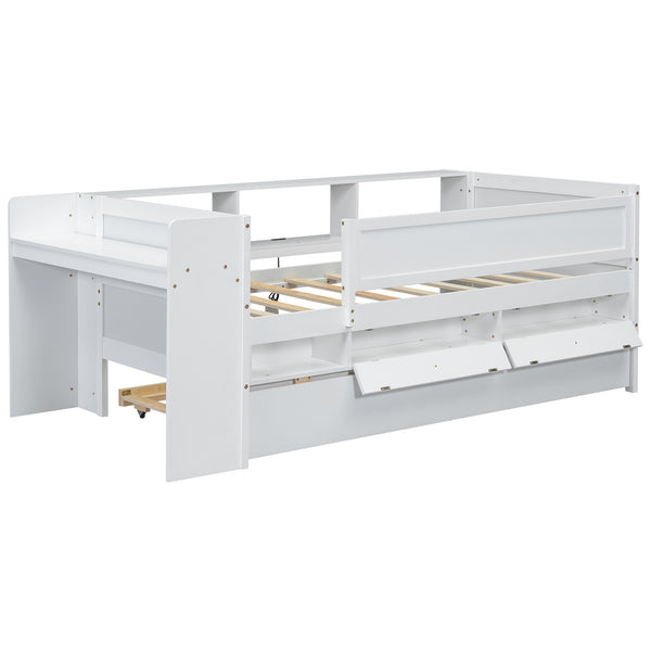 English Elm Multi-functional Twin Daybed with Trundle Desk Usb Charging Pine Wood Storage GX000462AAK