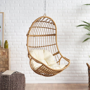 English Elm Christopher Knight Home® - SANSA Outdoor Wicker Hanging Basket Chair with Water‑Resistant Cushions, Iron Frame, Weatherproof Lounge Brown+Beige 70429.00LBGE