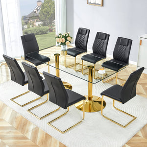 English Elm Table and Chair Set 8 Seater Tempered Glass Top with Pu Leather Dining Room Furniture Black,Gold,Transparent W1151S04561