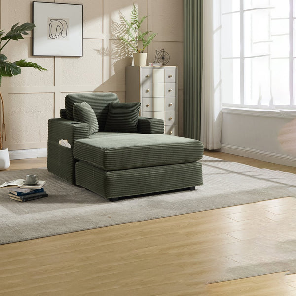 English Elm [New]Corduroy Upholstered Chaise Lounge Sofa with Detachable Cushions, Deep Seat, Cup Holders Green W2120P322754