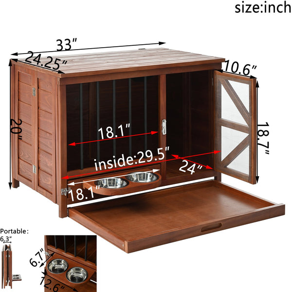English Elm 33" Pine Wood Pet Crate End Table with Walnut Finish Swivel Feeder and Foldable Frame N843P322021W