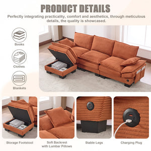 English Elm Sectional Cloud Sofa Modular Deep Seat Corduroy Upholstered Living Room Couch with Storage Orange W395S00132