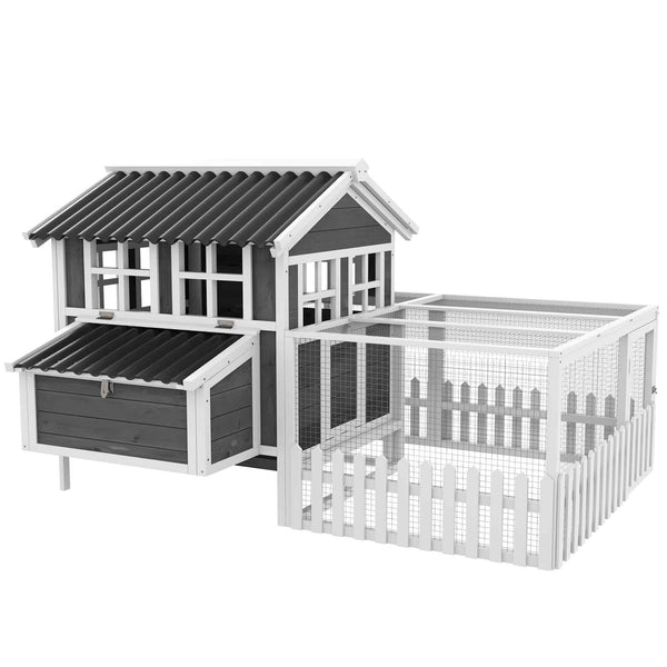 English Elm Wooden Fir Backyard Chicken Coop with Galvanized Mesh Run and Pull-out Cleaning Tray T3971S00080