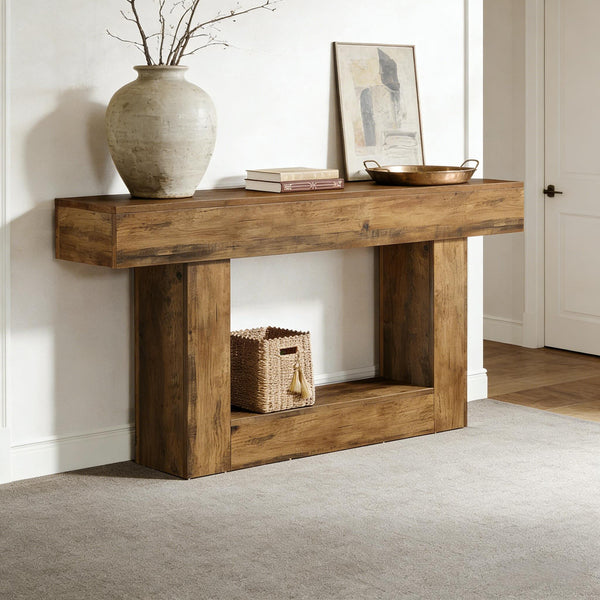 English Elm Practical Geometric Console Table with Matte Black Wood Grain Finish for Entryway or Sofa Rustic Brown T3971P454034