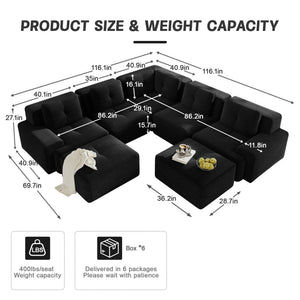 English Elm Modular Corduroy Sectional Sofa V Shaped 5 Seat Living Room Couch with Ottoman Black W714S01586