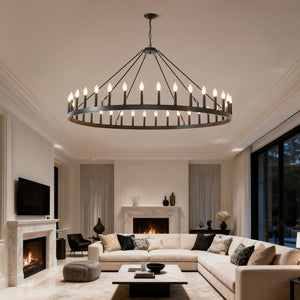 English Elm 59.06 Inch Matte Black Wagon Wheel Chandelier 54 Light Farmhouse Grand Entryway W5008P388933