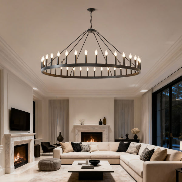 English Elm 59.06 Inch Matte Black Wagon Wheel Chandelier 54 Light Farmhouse Grand Entryway W5008P388933