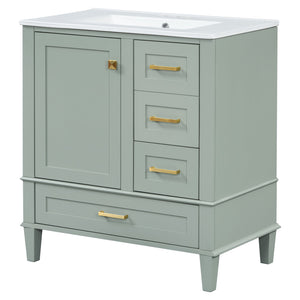 English Elm 30" Modern Bathroom Vanity with Solid Wood Frame, 3 Soft-Close Drawers and Ceramic Sink, Sleek Design Sage Green N729P170557G
