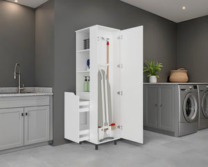 English Elm Aleneva Slim White Broom Cabinet with Open Shelves and Drawer for Utility Rooms B097S00269