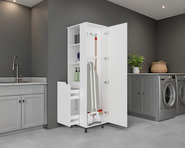 English Elm Aleneva Slim White Broom Cabinet with Open Shelves and Drawer for Utility Rooms B097S00269